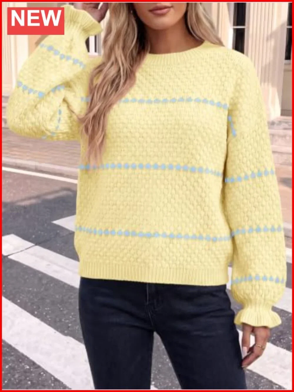 Oversized Chunky Heart Pattern Crew Neck Lantern Sleeve Pullover Sweater